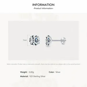 Classic 7mm S925 sterling silver stud earrings with sparkling round cubic zirconia