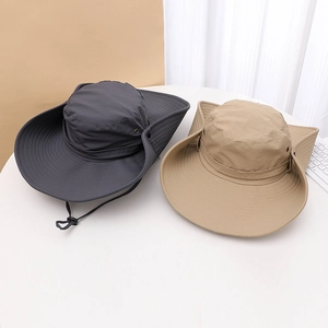 Detail view of wide brim sun hats with adjustable wind ropes and side snaps for hiking