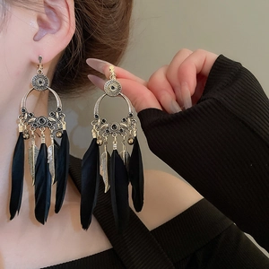 Vue détaillée de longues boucles d'oreilles bohèmes en plumes noires sur un mannequin