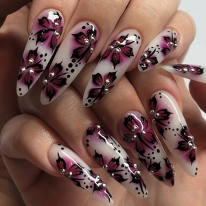 Extra Long Stiletto Press On Nails Floral Butterfly Pattern With Silver Beads Glossy Elegant False Nails For Women