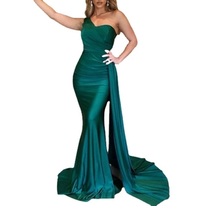 Elegant emerald green one-shoulder satin mermaid evening gown with a floor-length drape