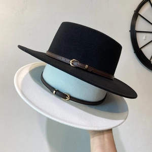 Flat top wool felt fedora hat with leather belt buckle for men and women
