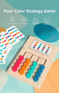 Detail of wooden logic puzzle with four-color sliding beads and challenge cards