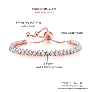 Detail of rose gold marquise tennis bracelet with adjustable chain and AAA+ cubic zirconia
