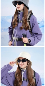 Detail of windproof purple puffer bucket hat for women with outdoor winter ear protection