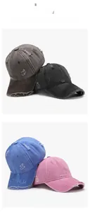 Detail view of distressed cotton baseball caps featuring Black Palm letter embroidery