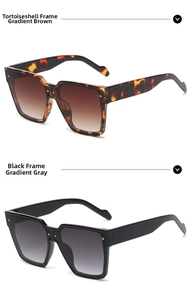 Detail of square oversized sunglasses in tortoiseshell and black with gold metal studs