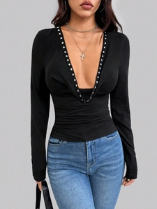 Women Sexy Deep V Neck Long Sleeve Top Ruched Slim Fit T-Shirt With Silver Rivets Metallic Studded Solid Color Clubwear