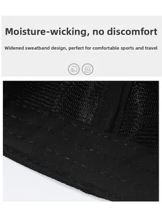 Detail of the widened sweatband and breathable mesh for moisture wicking on a black cap