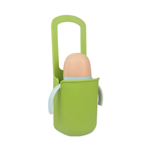 Close-up of green silicone cup holder with a hanging strap for strollers and bikes