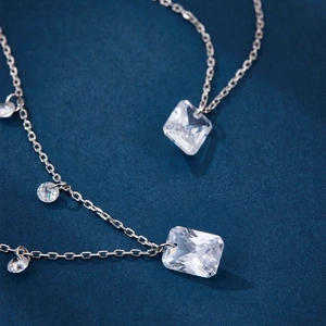 Elegant S925 sterling silver necklace with square and round zircon pendants on blue background