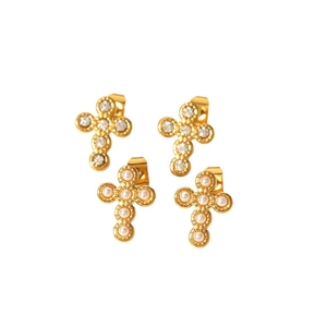 French vintage 18K gold stainless steel cross earrings with pearls and crystal rhinestones