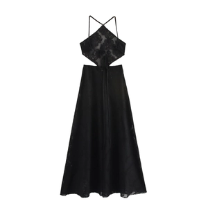 Sexy Halter Backless Lace Hollow Out Maxi Dress For Women Summer Beach Vacation Holiday Party Sleeveless Black