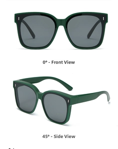 Detailed front and side views of dark green polarized sunglasses with bold frames