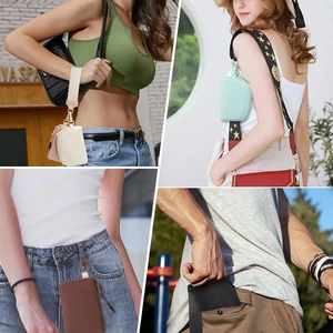 Mini nylon wrist pouch shown in cream, mint, brown, and black attached to bags and belt loops