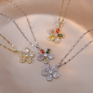 Flower Pendant Necklace Stainless Steel Colorful Cubic Zirconia Chic Clavicle Chain For Women Jewelry Accessory