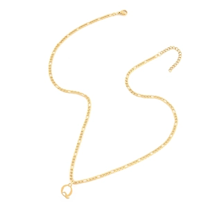 Detail of a gold Figaro chain necklace with a capital letter Q pendant and lobster clasp