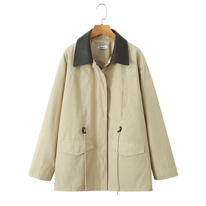 Women Retro Casual Trench Coat Jacket Contrast Faux Leather Collar Drawstring Waist Cotton Nylon Khaki Outerwear