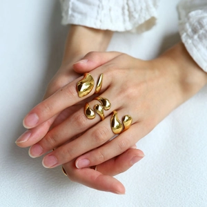 Lava style 18K gold plated stainless steel teardrop open rings set for women