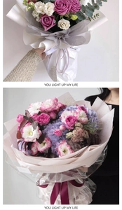 Detailed view of pink rose bouquet with eucalyptus in multi-layered pearl wrapping paper