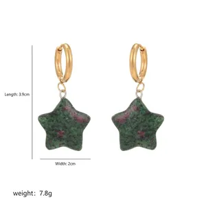 Detailed view of star-shaped natural stone earrings with gold hoops and dimensions