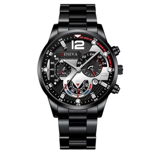 Classic Geneva men's business watch with black steel strap and multi-functional dial design