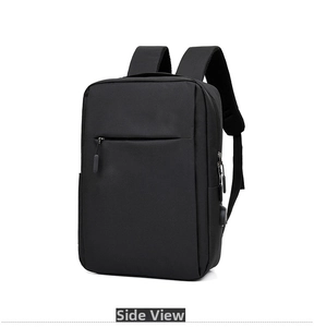 Business backpack side view showing USB charging port and breathable shoulder straps