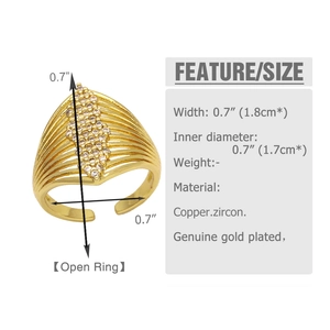 Detailed size specifications for gold plated bow ring with zircon inlays and open band