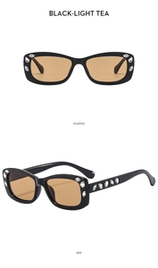 Front and side views of black rectangle sunglasses with rhinestones and tea lenses