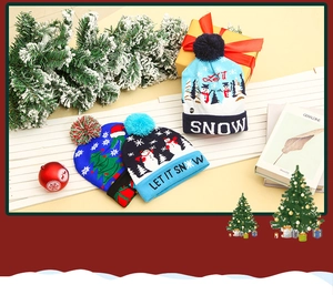 Detail of LED Christmas knit beanies with snowman and tree patterns on festive background