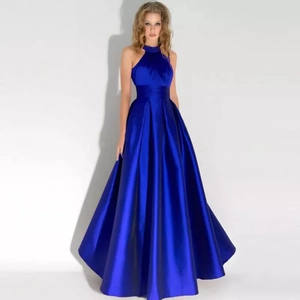 Women Halter Neck Beaded Satin Evening Dress A-Line Floor Length Backless Formal Party Gown