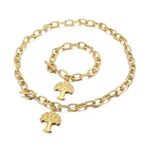 Tree Of Life Stainless Steel Necklace And Bracelet For Women Chunky Cable Chain Heart Leaf Pendant Toggle Clasp Vintage