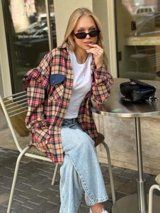 Chemise à carreaux vintage décontractée pour femme avec poche en jean style urbain