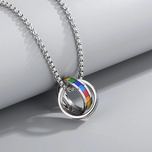 Hip hop stainless steel necklace with double ring pendant featuring rainbow stripes