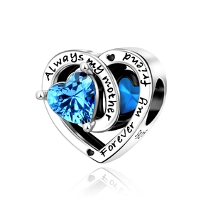 Detail of S925 silver heart charm with blue gem and Always my mother Forever my friend engraving
