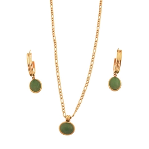 Luxury gold jewelry set featuring green aventurine oval pendants on necklace and earrings