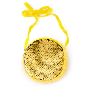 Round bright yellow sequin crossbody bag for girls with soft plush trim and nylon strap