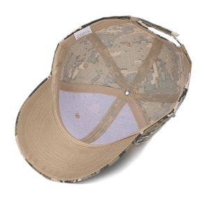 Inside view of digital camouflage baseball cap with adjustable strap and 100% acrylic material