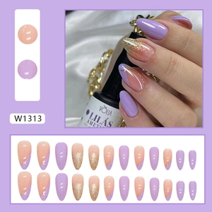 Faux ongles amande violets dégradés avec paillettes et liserés dorés style français