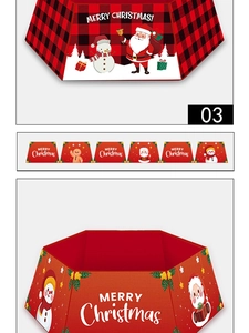 Detail of red and black plaid Christmas tree skirts with Santa and snowman patterns