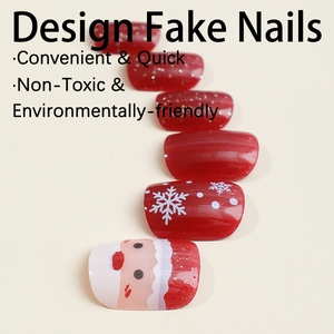 Christmas press on nails with red glitter, white snowflakes, and Santa Claus art design