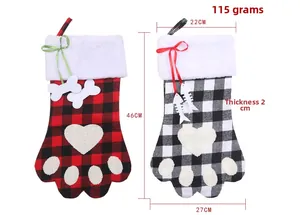 Detailed size chart for buffalo plaid dog paw Christmas stockings with 46cm height