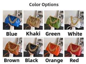 Detailed grid view showcasing eight colorful pleated leather handbags with gold chain straps