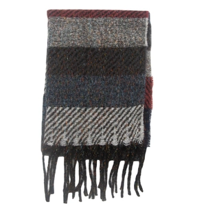 Detail view of multicolored striped knit scarf with long fringe and wool texture