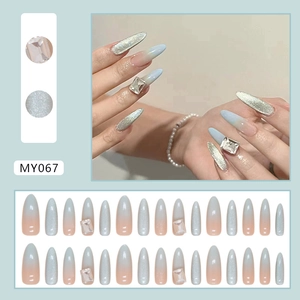 Blue cat-eye press-on nails with silver glitter and luxury square rhinestones