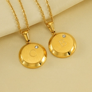 Minimalist 18K gold stainless steel round necklace with letter engraving and small zircon