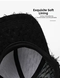 Macro view of black baseball cap showing the breathable mesh lining and cotton sweatband