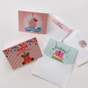 Mini birthday card set featuring cute bear, cupcake motifs and round thank you sticker