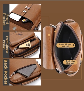 Macro detail of brown leather crossbody bag showing functional pockets and internal storage