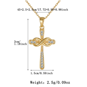 Detail showing dimensions of gold infinity cross pendant necklace with measurements